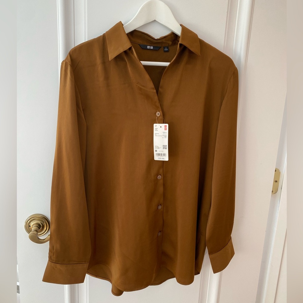 🤎 UNIQLO Draped Satin Button-Down Blouse Shirt | Size M | NWT